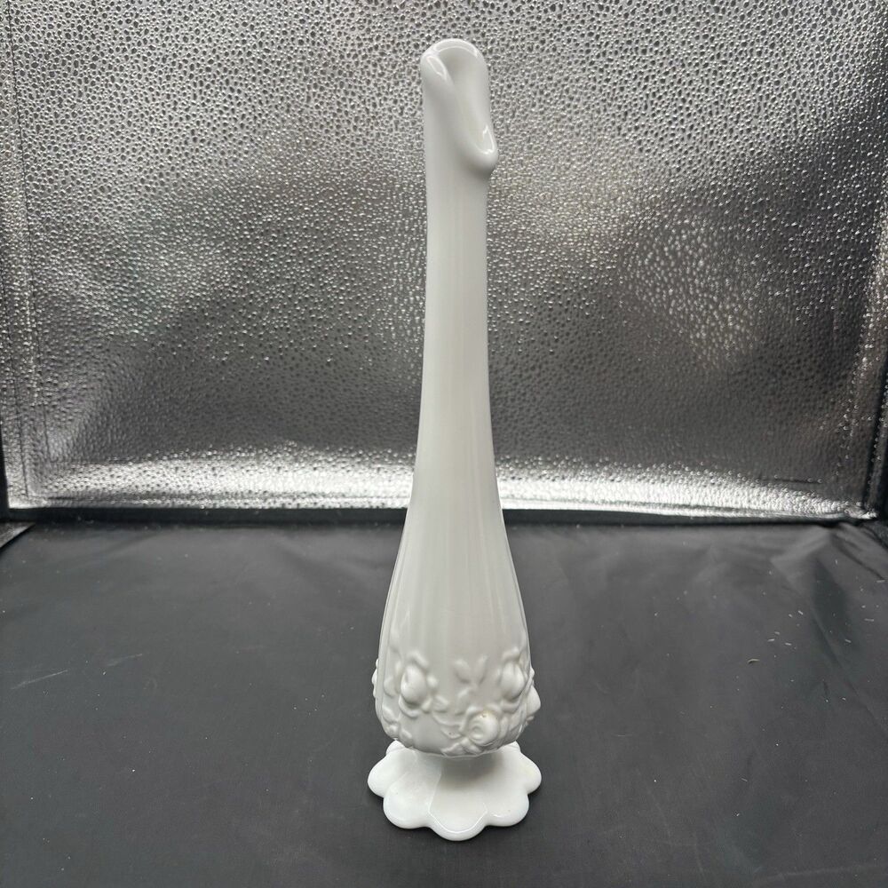 Vintage FENTON Milk Glass Swung Glass Cabbage Rose Footed Embossed 10” Bud Vase